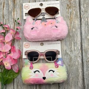 Girls Fun Summer Sunglasses With Unicorn & Fox, Faux Fur Carrying Cases